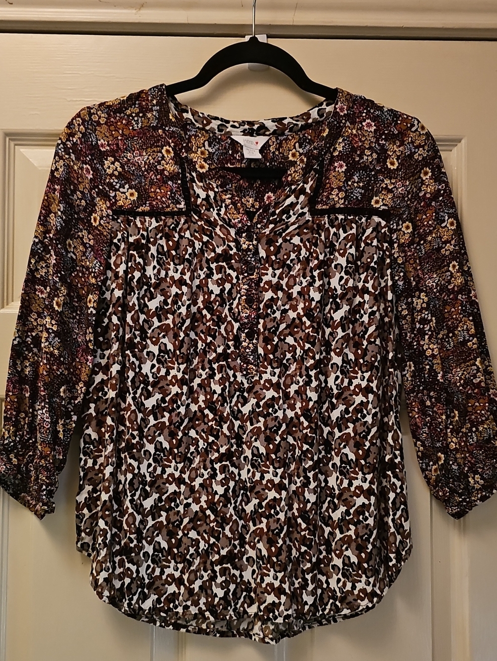 intro. Mixed Animal and Floral Button-Front Blouse in Brown, Black, Cream